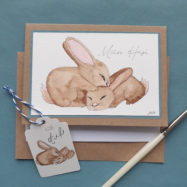 Hand-painted watercolor card with cuddling bunnies and the saying "My Hasi" for Valentine's Day - proof of love - card 17/24 - unique
