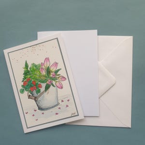 Blumeneimer mit Tulpen Erdbeeren Herzen handgemalte original Aquarellkarte Frühling Blumen Ostern rosa rot Unikat 24/25