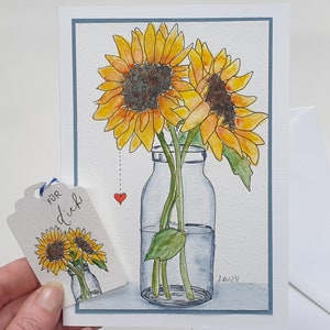 Handgemalte Sonnenblumen und passendem Geschenkanhänger - Aquarellkarte für jeden Anlass - ein Unikat, kein Druck - 42/24