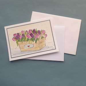 Korb mit Tulpen handgemalte original Aquarellkarte Frühling Blumen Ostern rosa lila Unikat 23/25
