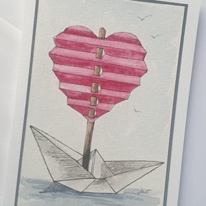 Maritime Karte Herz Liebe - Handgemalte Aquarellkarte - gefaltetes Papierherz Papierboot - Pink - Ein Unikat 12/25
