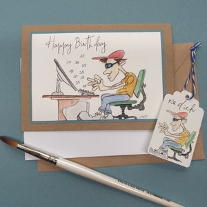 Geburtstagskarte mit Geschenkanhänger/Computerfreaks/ITler - Illustration handgemalt und ein Original - zum 35.ten Geburtstag - Unikat 33/24