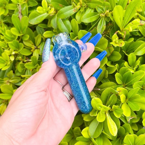 Blue Glitter Glass Pipe| Blue Hand Pipe| Sparkly Pipe| Unique Pipe| Cute Pipe| Girly Hand Pipe| Glycerin Pipe| Cute Bowl