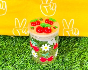 Cherries Daisies Stash Jar| Cute Stash Jar| Cute Container Jar| Jewelry Jar| Girly Stash Jar| Cherry Stash Jar