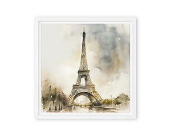 Könnte beinhalten: Ein Aquarellbild des Eiffelturms in Paris, Frankreich. Der Turm ist in Braun- und Grautönen dargestellt, mit einem bewölkten Himmel im Hintergrund.