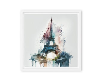 Könnte beinhalten: Ein Aquarellbild des Eiffelturms in Paris, Frankreich. Der Turm ist in Blautönen, Grün- und Brauntönen dargestellt, mit Spritzern von rosa und orangefarbener Aquarellfarbe darum herum.