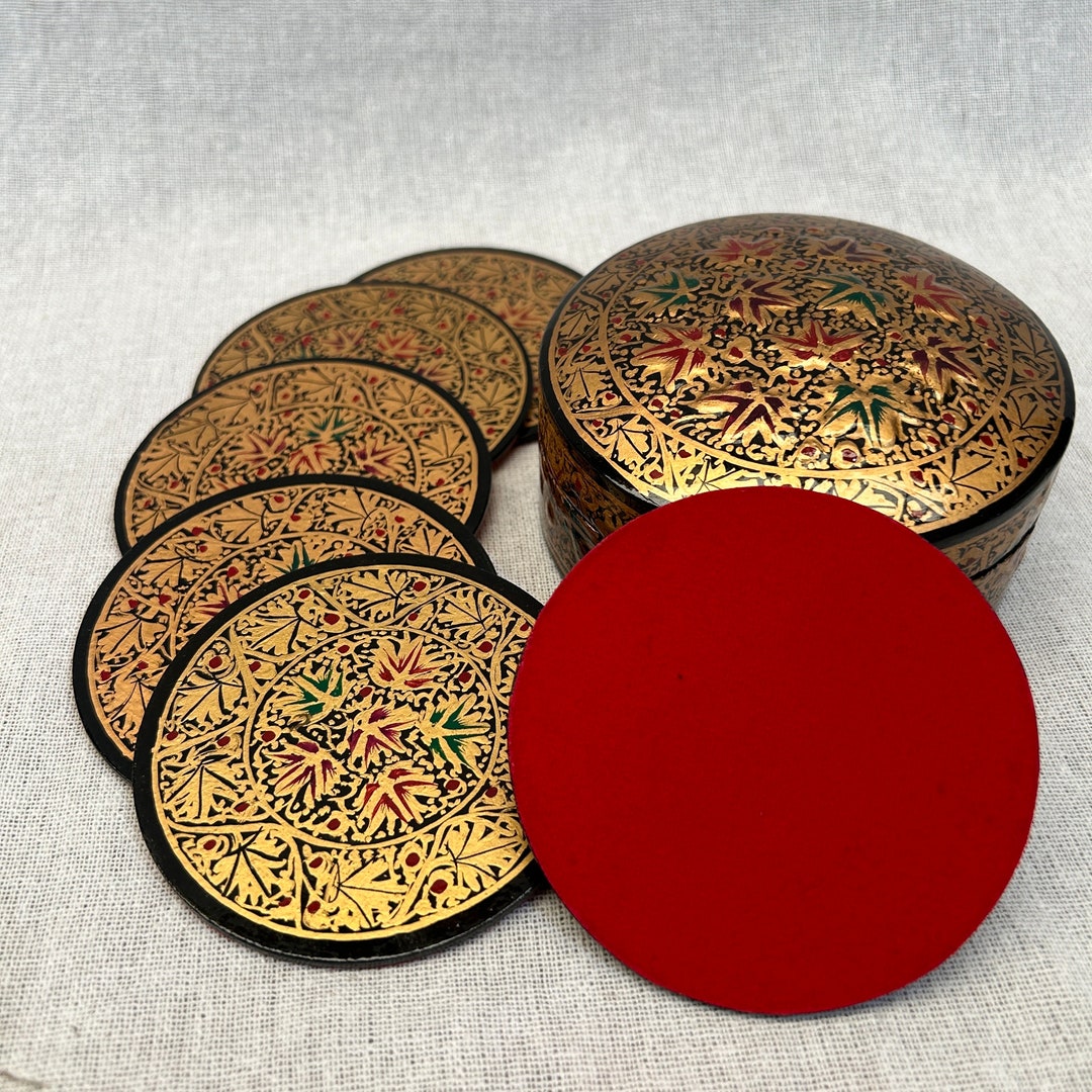 Hand-painted Coaster Set With Box – Kashmiri Wooden Drink Coasters ...
