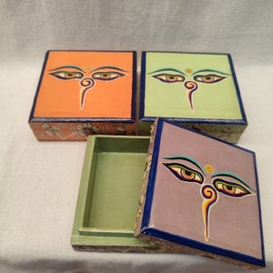 Hand-Painted Buddha Eyes Wooden Box: Tibetan Meditation Decor