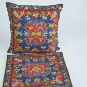 Hand Embroidered Wool Pillow Cover: Colorful Floral Boho Cushion