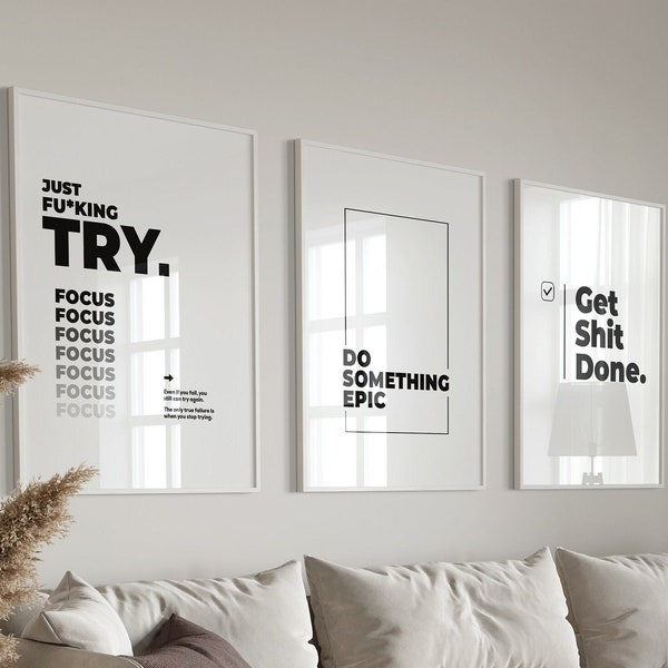 Minimalist Motivation Focus Print set, motivational Hard Work  office decor, inspiring posters, entrepreneur wall art, Digital Download