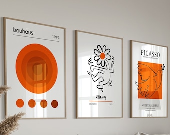 3er Set Poster, Picasso Poster, Bauhaus Druck, Bauhaus Poster Set, Mid Century Modern Gallery Wall Art, oranges Wandbild