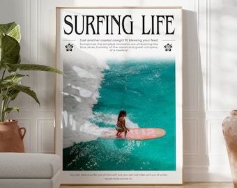 Coastal Cowgirl Surf Poster Beachy Surf Wall Art Surfer Girl Print Wall Art Preppy Coastal Art Trendy Newspaper Print Surfing Life Beach Art