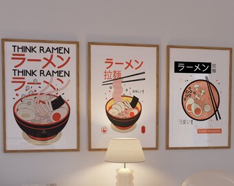 Conjunto de impressão de macarrão ramen japonês, cultura japonesa, cultura asiática, pôster rosa ramen, decoração moderna de cozinha, arte de parede de cozinha para impressão