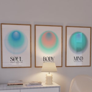 Positive Blue Aura Posters Set Of 3, Blue Spiritual Poster, Grainy Gradient, Gradient Blue Print, Colourful Aura Poster, Trendy Wall Art