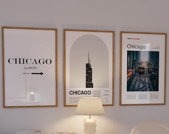 Chicago Travel Poster Set von 3, Illinois Poster, Chicago Poster, Chicago Print, Chicago Wand Kunst, Reise Drucke, Reise Geschenke, Wand Dekor