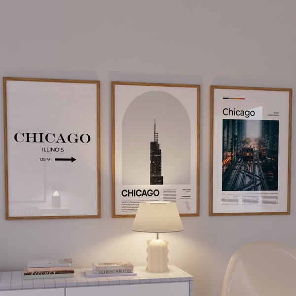 Chicago Travel Poster set of 3, Illinois Poster, Chicago Poster, Chicago Print, Chicago Wall Art, Travel Prints, Travel Gifts, Wall Decor