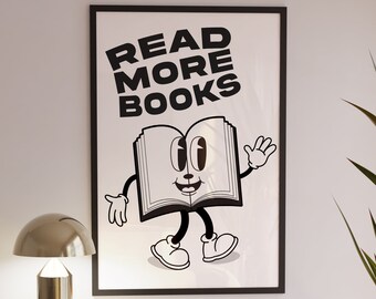 Póster de dibujos animados de libros de lectura para el aula, impresión de pared "Leer más libros", arte retro de moda, decoración de pared para el aula, impresión de arte retro de dibujos animados de los años 70
