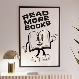 Reading Book Cartoon Classroom Poster, Wall Print Read More Books Trendy Retro Art, Classroom Wall Decor, 70s Cartoon Retro Art Print