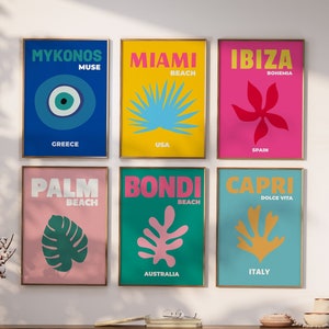 Conjunto de 6 impresiones de lugares famosos de viajes / Ibiza Miami Mykonos Amalfi Bondi Palm Beach Gallery-Preppy Travel Poster-Y2K Posters-DESCARGA DIGITAL