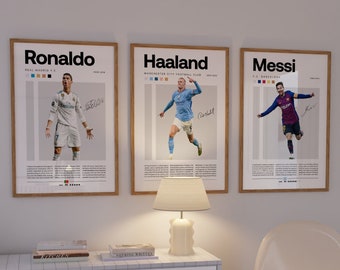 Ronaldo Messi Haaland Poster Bundler, Soccer Art Print, Football Poster, Mid-Century Modern, Uni Dorm Room, soccer gift, Football art gift