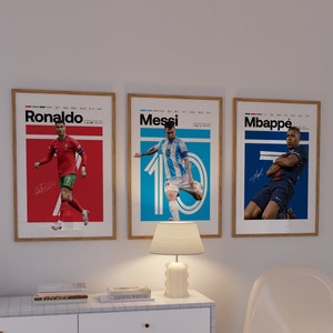 Mbappe Ronaldo Messi Poster Bundler, impressão de arte de futebol, pôster de futebol, moderno de meados do século, dormitório uni, presente de decoração de quarto esportivo