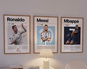 Mbappe Ronaldo Messi Poster Bundler, Fußball Kunstdruck, Fußball Poster, Mid-Century Modern, Uni Wohnheimzimmer