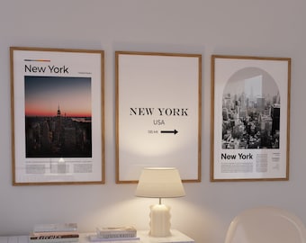New York Reise Poster Set von 3, NYK Poster, NY Skyline, New York Wandkunst, Reisedrucke, Reise New York Geschenke, Wand New York Dekor