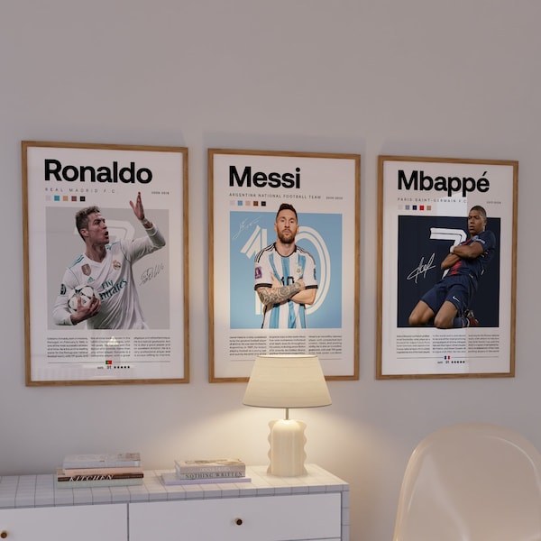 Mbappe Ronaldo Messi Poster Bundler, Voetbal Art Print, Voetbalposter, Mid-Century Modern, Uni Dorm Room