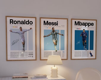 Mbappe Ronaldo Messi Poster Bundler, Soccer Art Print, Football Poster, Mid-Century Modern, Uni Dorm Room