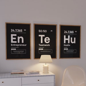 May include: Three framed black and white prints with a minimalist design. Each print features a word in large white letters, "En", "Te", and "Hu", with the words "Entrepreneur", "Teamwork", and "Hustle" written below. The prints are hung on a white wall.
