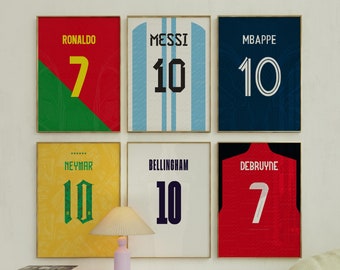 Póster de Mbappé, Ronaldo, Messi y Neymar, Bellingham, Debruyne, Bundler, Póster imprimible de fútbol, Habitación universitaria, Set de 6 adornos de fútbol