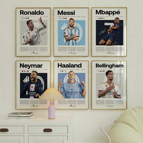 Mbappe Ronaldo Messi Neymar Poster Bundler, Voetbal Voetbal Printbare Poster, Mid-Century Modern, Uni Dorm Room, Soccer GOATs, Set van 6