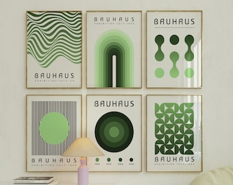 Green Bauhaus Abstract Geometric Line Art Poster Set of 6 Prints - Printable Sage Green Minimalist Exhibition Bauhaus Gallery Wall Set -