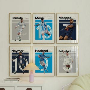Póster de Mbappé, Ronaldo, Messi y Neymar, póster imprimible de fútbol, estilo moderno de mediados de siglo, para dormitorio universitario, ideal para aficionados al fútbol, juego de 6