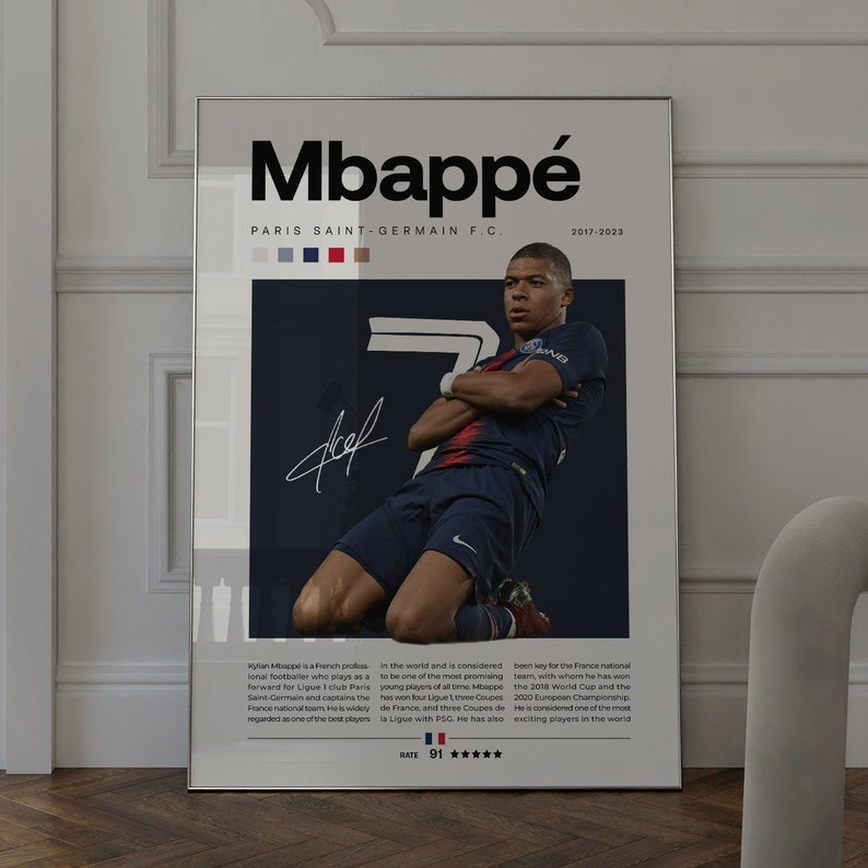May include: A poster featuring a photo of Kylian Mbapp&eacute;, a French professional soccer player, wearing a blue and white soccer uniform. The poster has the text "Mbapp&eacute;" in large black letters at the top and "Paris Saint-Germain F.C." in smaller black letters below. The poster also includes a rating of 91 out of 100 stars.