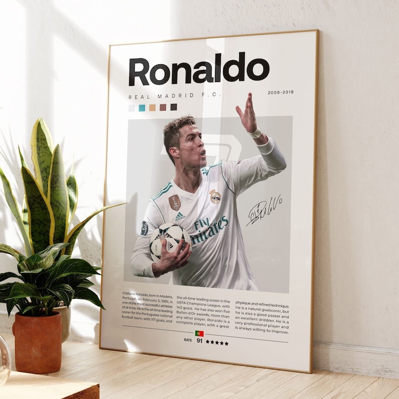 May include: A poster featuring a photo of Cristiano Ronaldo playing soccer for Real Madrid. The poster has a white background with black text that reads "Ronaldo" and "Real Madrid F.C." The poster also includes a rating of 91 out of 100 stars.