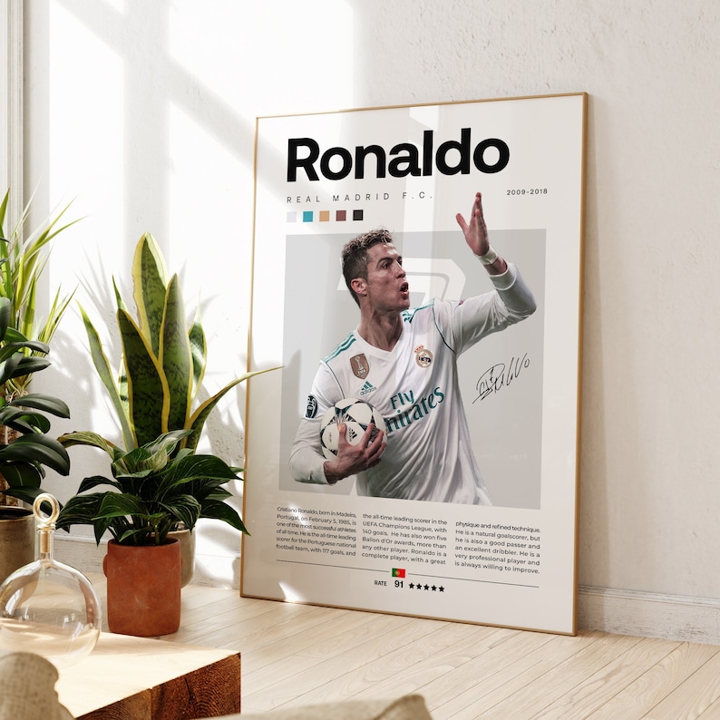 May include: A white and gray poster with a photo of Cristiano Ronaldo playing soccer for Real Madrid. The poster has the text "Ronaldo", "Real Madrid F.C.", "2009-2018", "Fly Emirates", and "Rate 91*****".