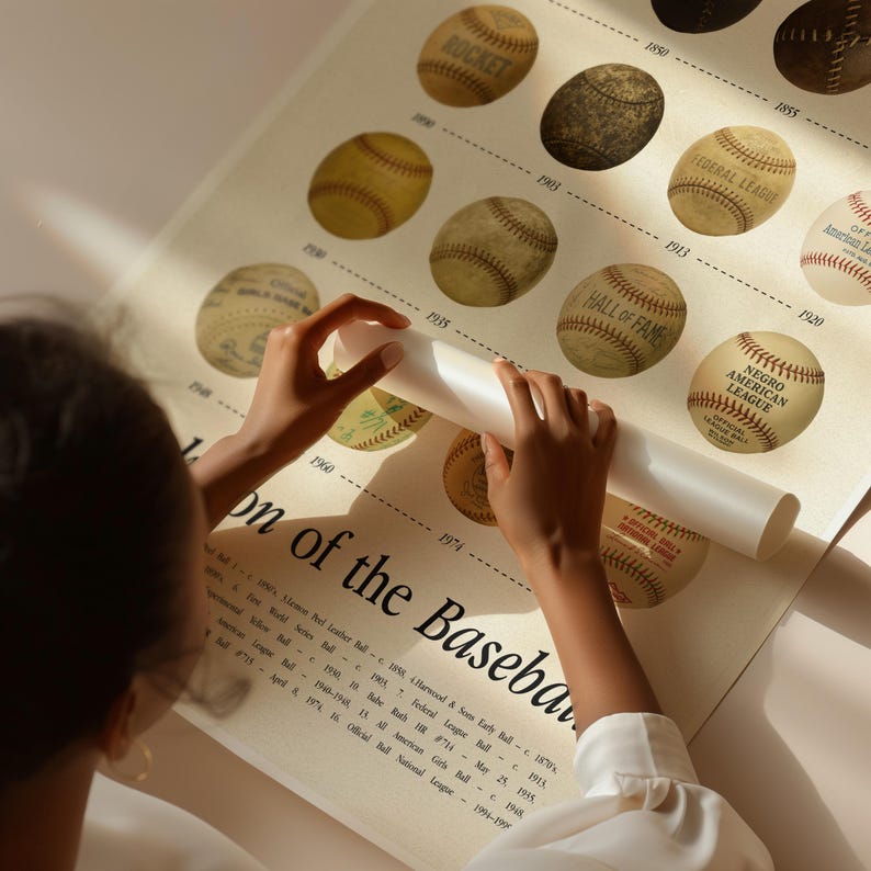 May include: A poster detailing the history of baseball, featuring illustrations of vintage baseballs with dates and text such as "Rocket" and "Hall of Fame." The poster is being unrolled, revealing more baseballs and text. The theme is baseball history.
