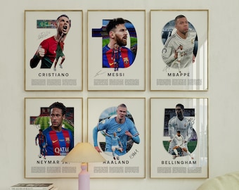 Mbappe Ronaldo Messi Neymar Bellingham Haaland Poster Bundler, Soccer Football Printable Poster, Uni Dorm Room, Soccer GOATs, Set of 6