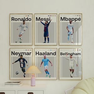 Póster de Mbappé, Ronaldo, Messi y Neymar, Bellingham Haaland Bundler, póster imprimible de fútbol, dormitorio universitario, juego de 6 adornos de fútbol