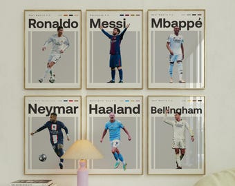 Mbappe Ronaldo Messi Neymar Poster Bellingham Haaland Bundler, Soccer Football Printable Poster, Uni Dorm Room, Soccer ornament set of 6
