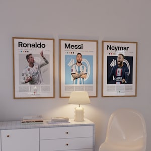 May include: Three framed posters of famous soccer players, Ronaldo, Messi, and Neymar. Each poster features a photo of the player in their team uniform, with their name and team information printed below the photo.