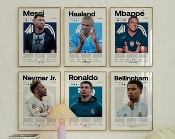 Mbappe Ronaldo Messi Neymar Poster Bundler, Soccer Football Printable Poster, Mid-Century Modern, Uni Dorm Room, Soccer GOATs, Set of 6