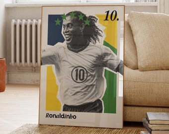 Puede incluir: Un póster enmarcado con un retrato sonriente del futbolista Ronaldinho. El póster tiene un fondo amarillo, verde y azul con el número 10. El nombre "Ronaldinho" está impreso en la parte inferior.