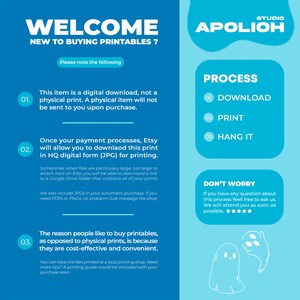 May include: A blue and white graphic with the text "Welcome" and "New to buying printables?"  The graphic also includes a list of information about purchasing digital downloads, including the text "This item is a digital download, not a physical print. A physical item will not be sent to you upon purchase." and "Once your payment processes, Etsy will allow you to download this print in HQ digital form (JPG) for printing."