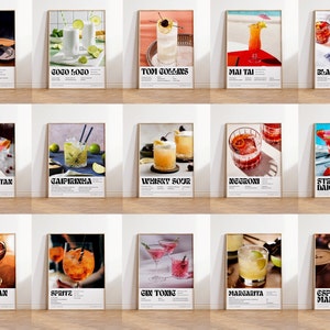 70s COCKTAIL Gallery Wall Art Set de 15, Impresiones de carrito de bar, Arte de pared de cóctel retro, Cartel de cócteles, Collage de arte de pared de moda, Conjunto de carrito de bar