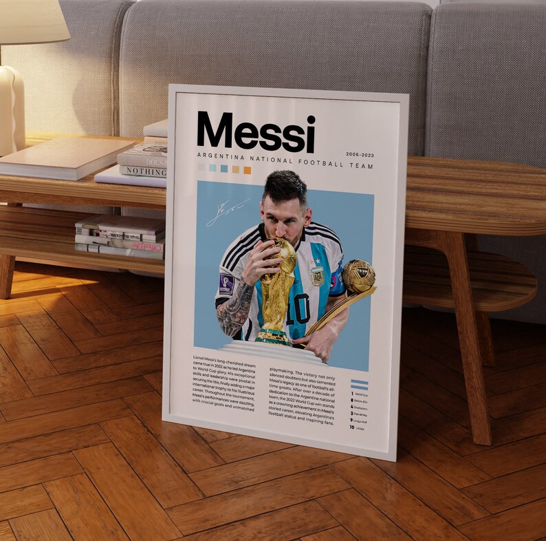 May include: A poster featuring a photo of Lionel Messi holding the World Cup trophy. The poster has a blue background with the text "Messi" in bold white letters and "Argentina National Football Team" in smaller white letters. The poster also includes a list of Messi's achievements with the Argentina National Team.