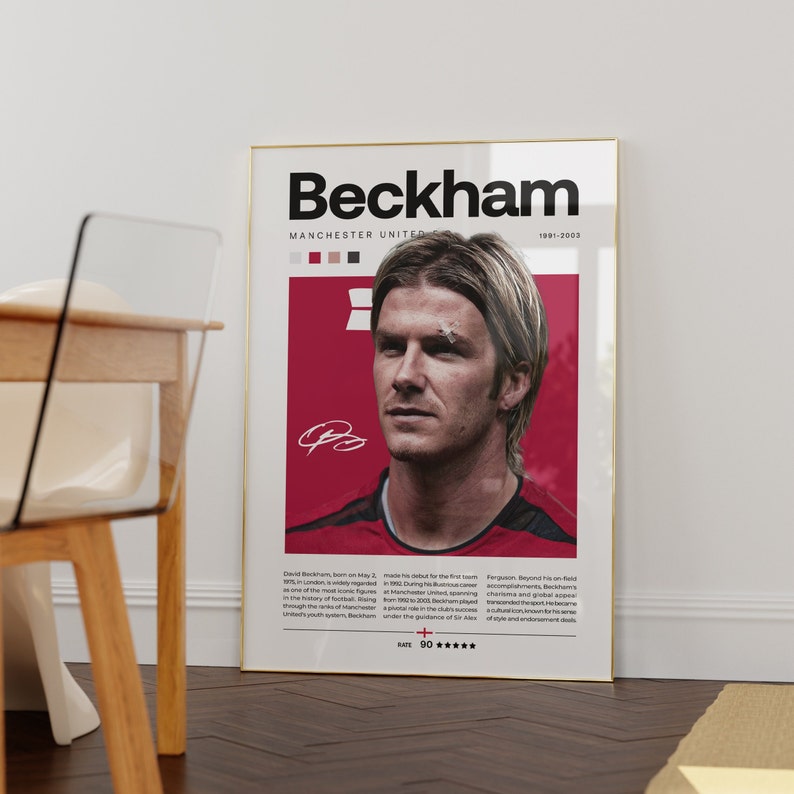 May include: A red and white poster featuring a photo of David Beckham, a former professional footballer. The poster has the text "Beckham" in large black letters, "Manchester United" in smaller black letters, and "1991-2003" in smaller black letters. The poster also has a rating of "90*****" and the text "Rate".