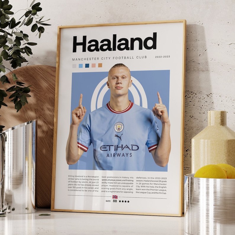 May include: A poster featuring a photo of Erling Haaland, a professional soccer player, wearing a light blue soccer jersey with the Manchester City team logo and the Etihad Airways sponsor logo. The poster has a blue background with white text that reads "Haaland" and "Manchester City Football Club 2022-2023". The poster also includes a rating of 88 stars.