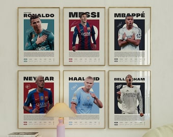 Mbappe Ronaldo Messi Neymar ポスター バンドラー、サッカー フットボール 印刷可能ポスター、ミッドセンチュリーモダン、Uni Dorm Room、サッカー GOATs、6枚セット